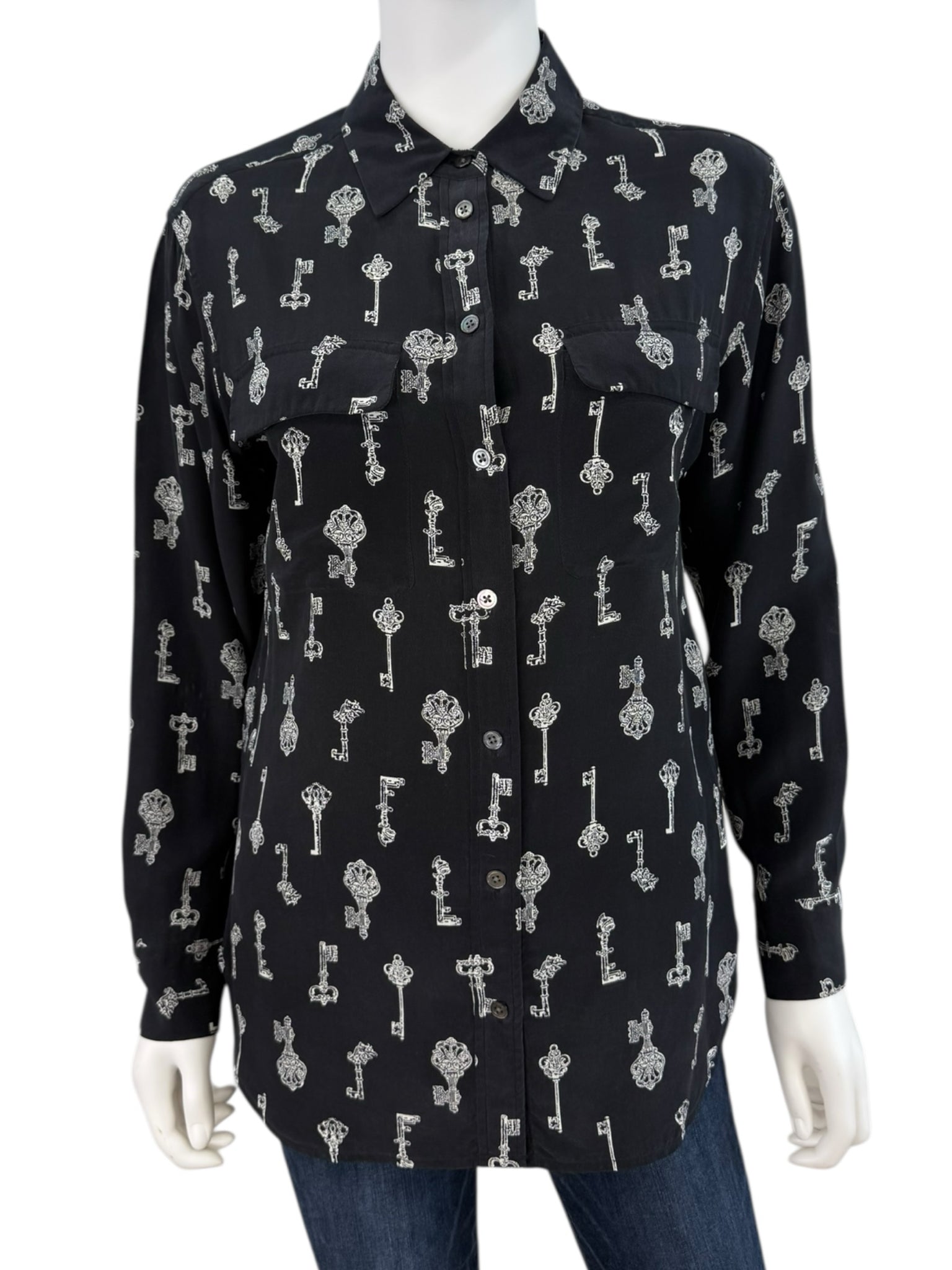 EQUIPMENT Black 100% Silk Key Print Button-Down Shirt Size XS ...