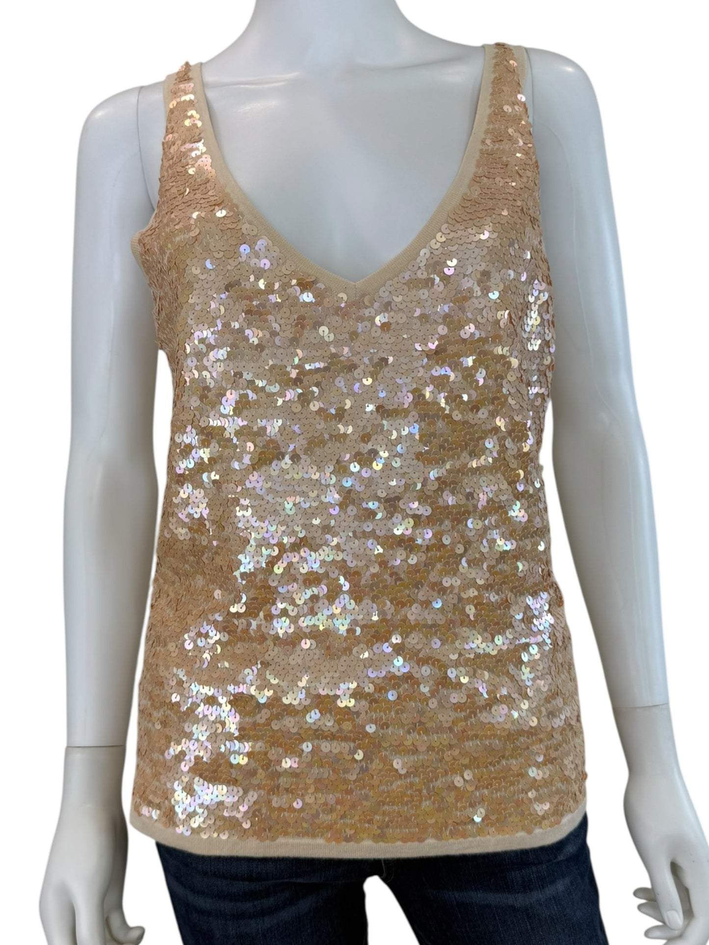 WHITE + WARREN Cream Sequined Silk Tank Size M
