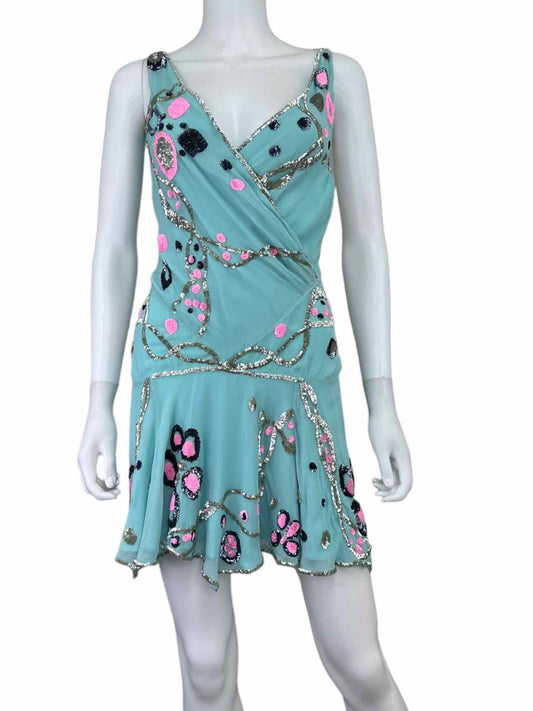 Temperly London Silk Aqua Hand Beaded Cocktail Dress Size 8