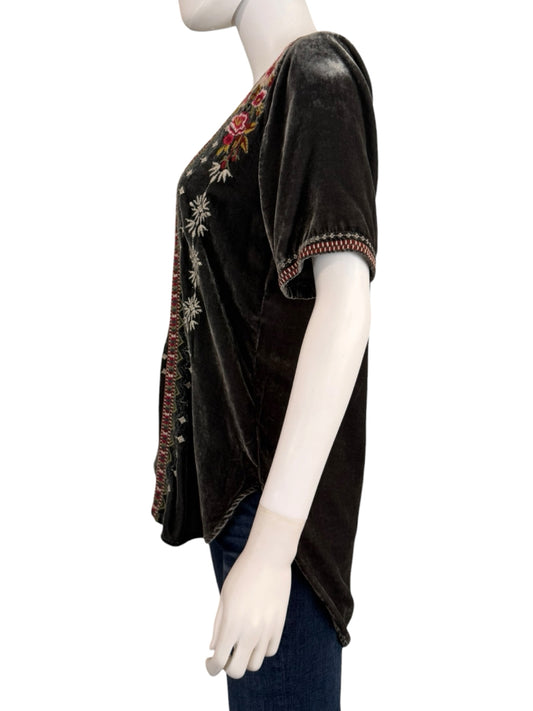 Johnny Was Gray Velvet Floral Embroidered Blouse Size S