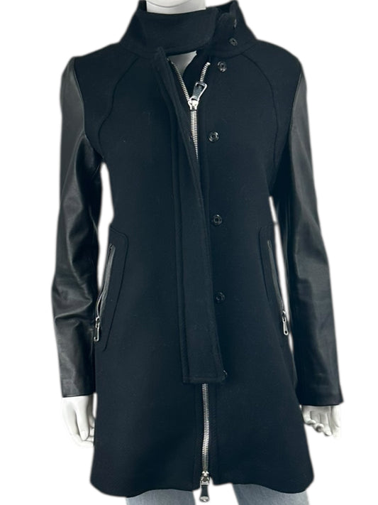 MILLY Black Wool & Leather Coat Size 6