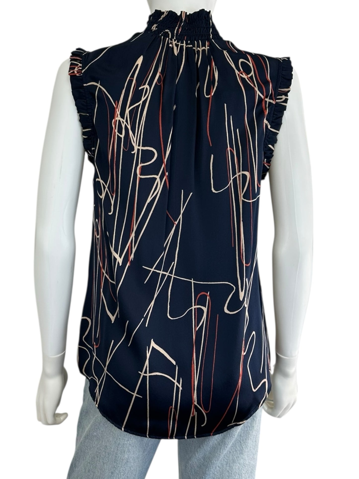 ecru Navy 100% Silk Print Blouse Size M