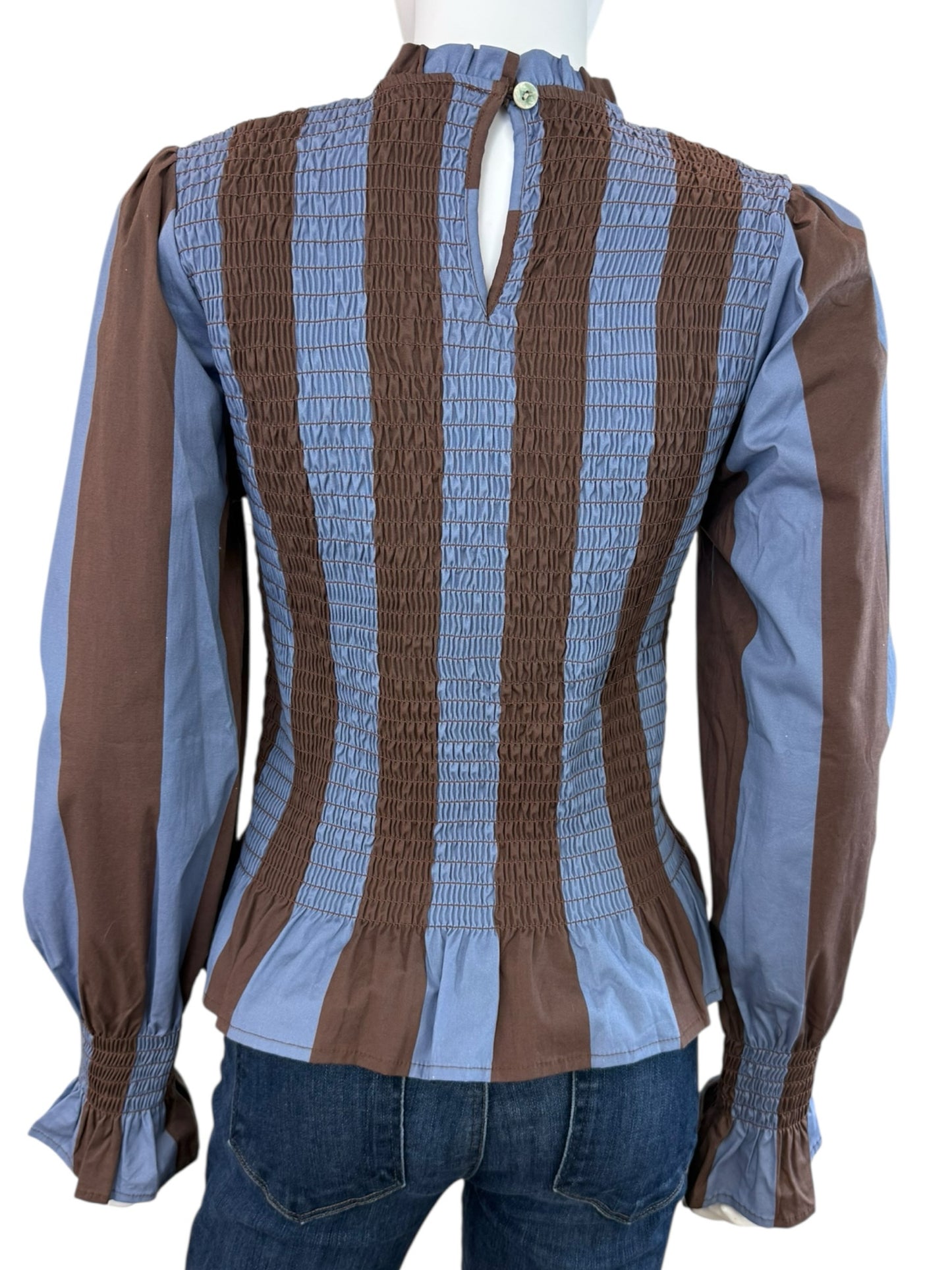 MIND TRAVELER NWT Brown Striped Smocked Chia Blouse Size L