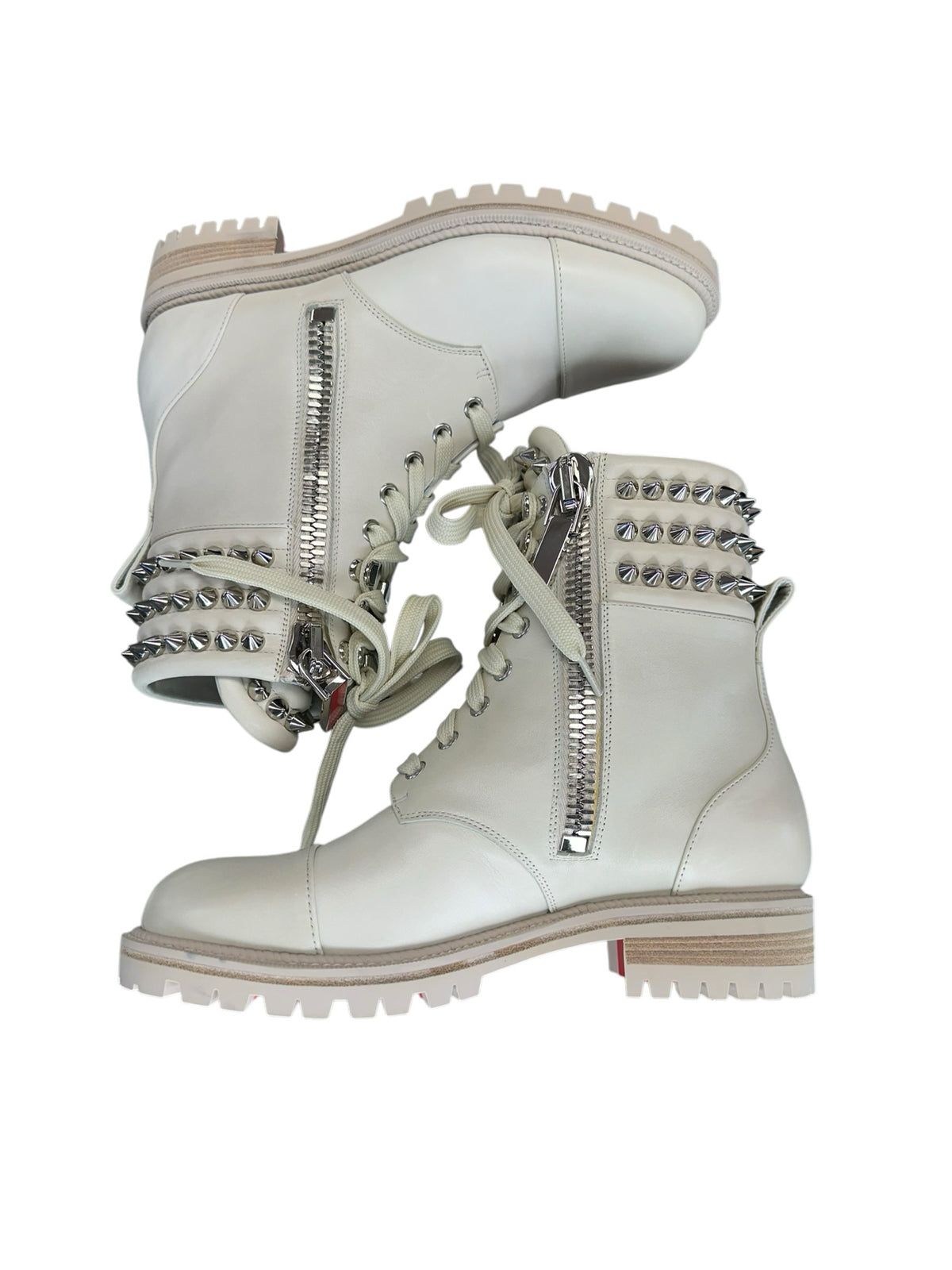 Christian Louboutin Cream Winter Spikes Flat Combat Boots Size 37.5