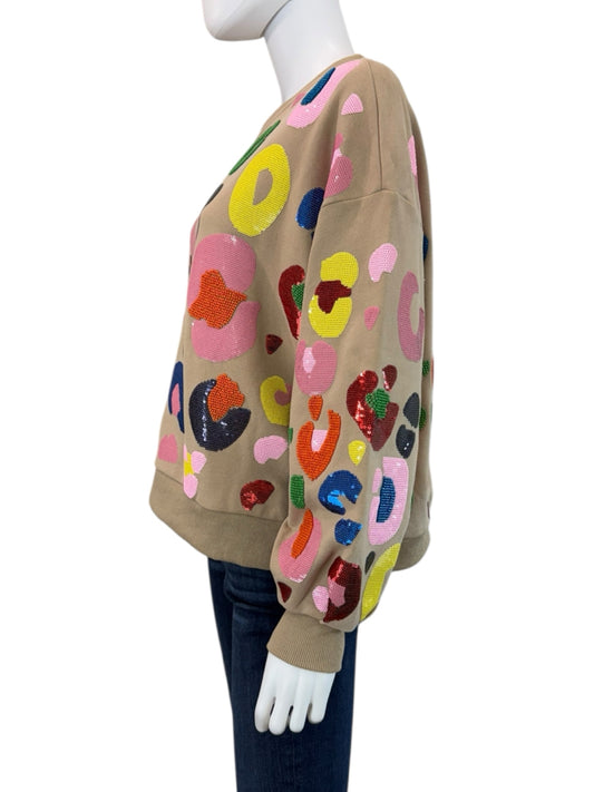 Queen of Sparkles Tan Sequin Leopard Sweat Shirt Size XS