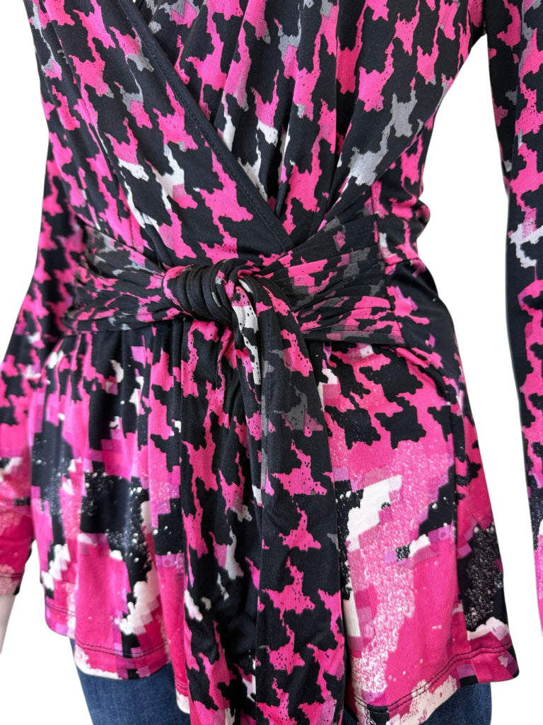 ETCETERA Pink Houndstooth 100% Silk Wrap Blouse Size M