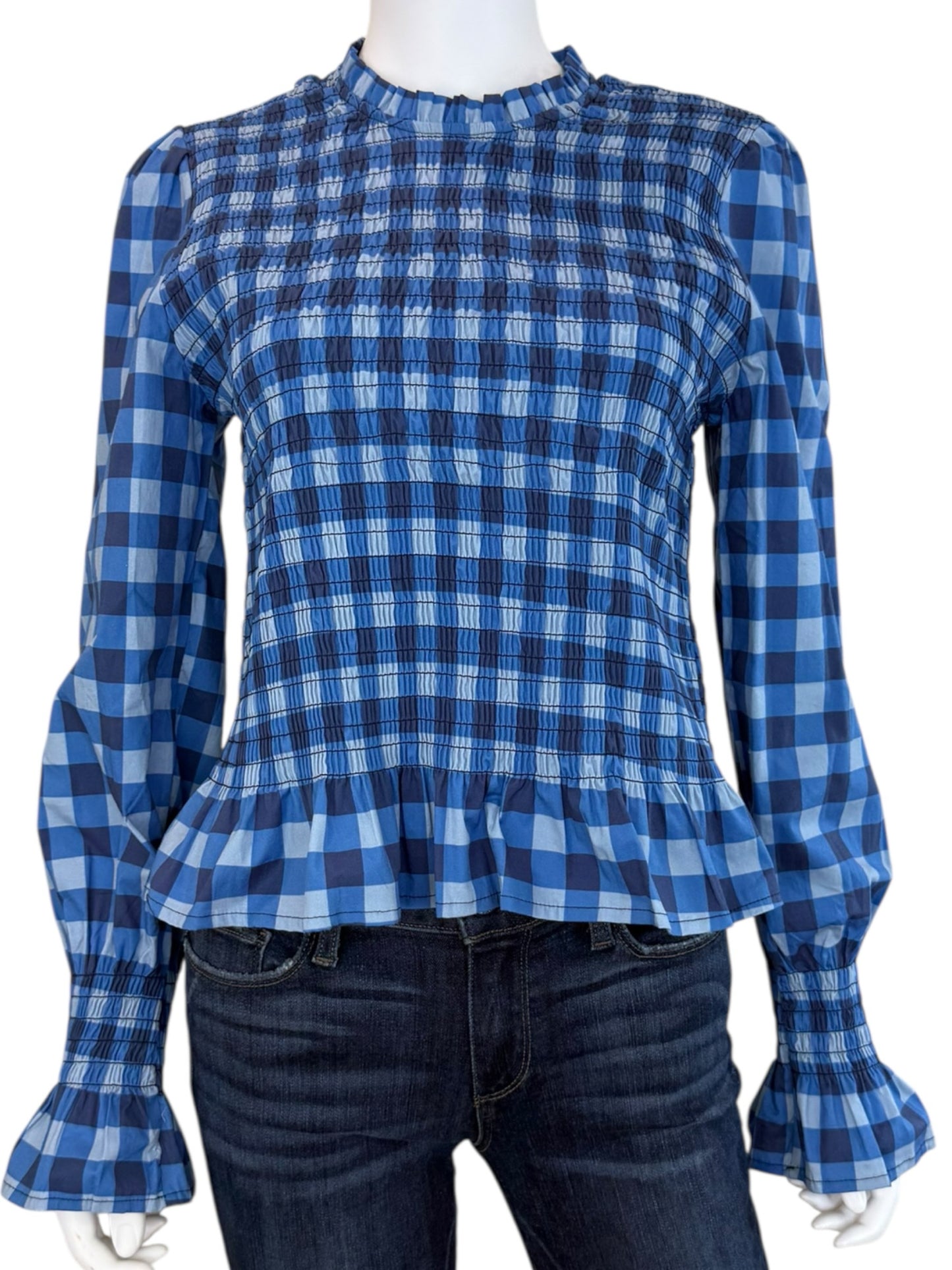 MIND TRAVELER NWT Blue Gingham Check Chia Blouse Size L