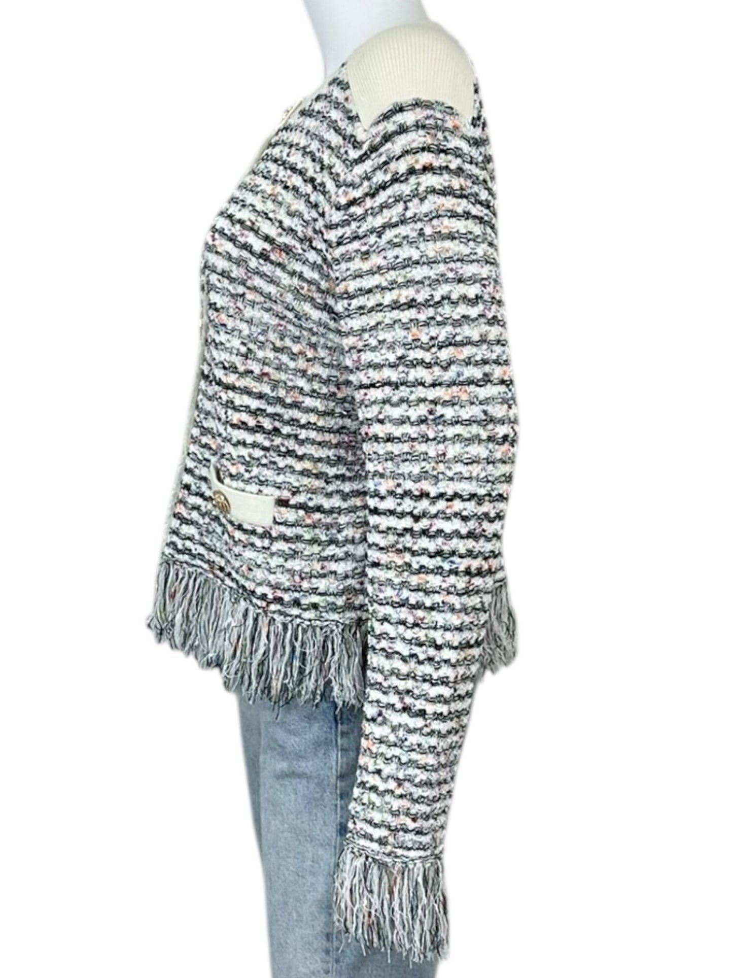 MILLY Tweed Fringe Trim Sweater Cardigan Jacket Size L