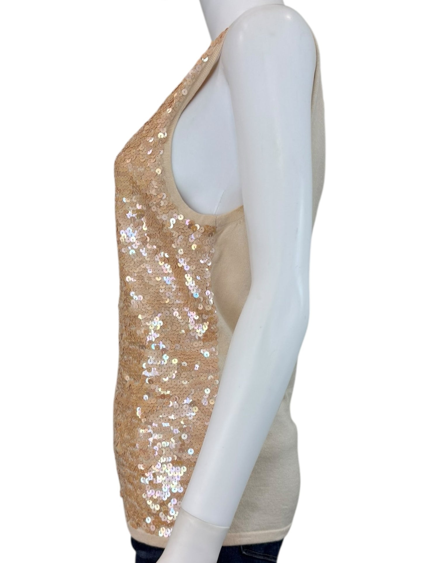 WHITE + WARREN Cream Sequined Silk Tank Size M