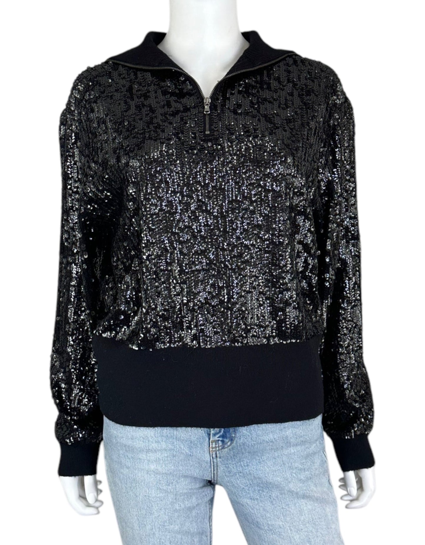 J. Crew COLLECTION NWT Black Sequin Zip Up Sweater Size L