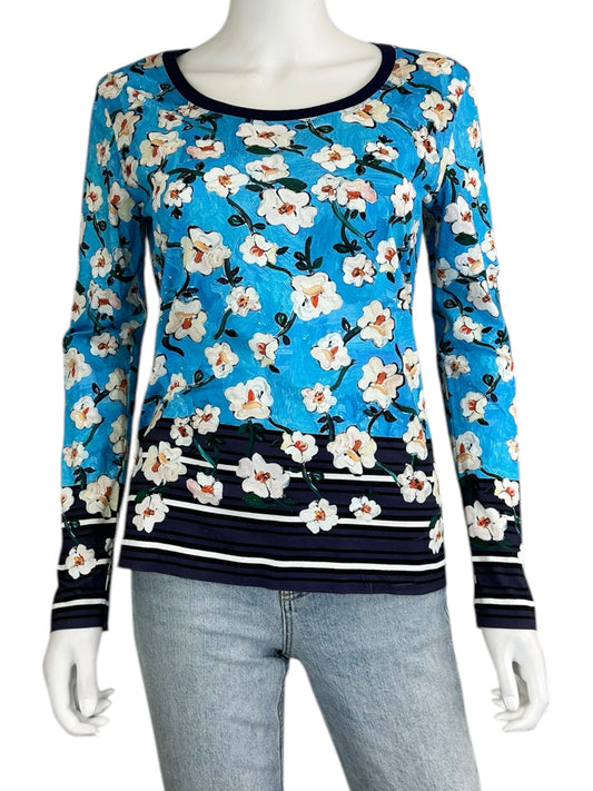 ESCADA Blue Floral Long Sleeve Top Size S