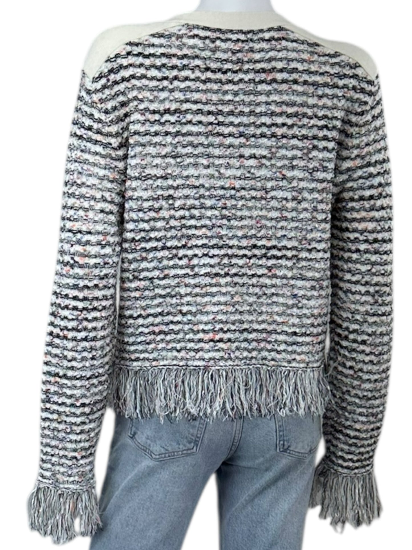 MILLY Tweed Fringe Trim Sweater Cardigan Jacket Size L