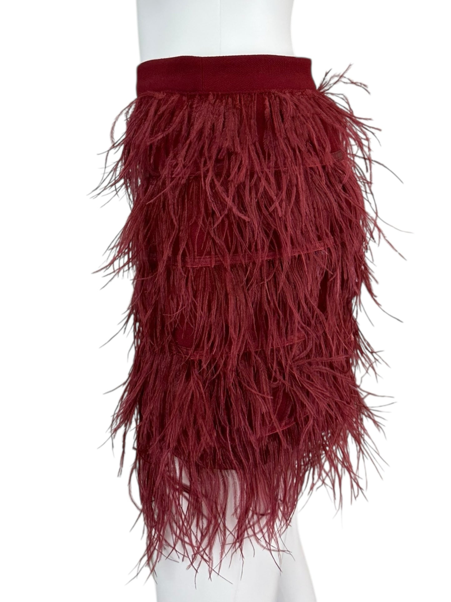 GIANNI BINI Dark Red Feather Mini Skirt Size S