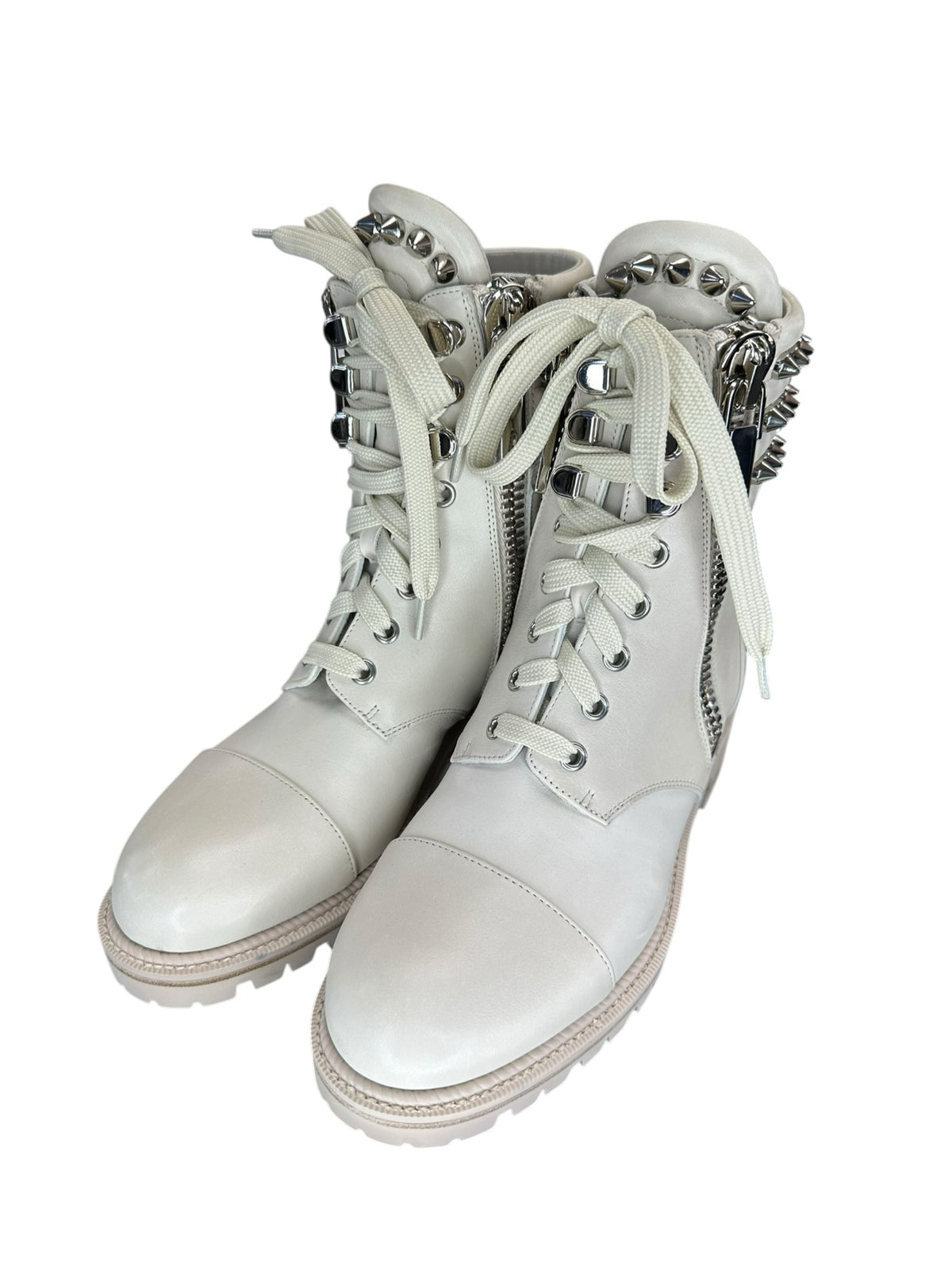Christian Louboutin Cream Winter Spikes Flat Combat Boots Size 37.5