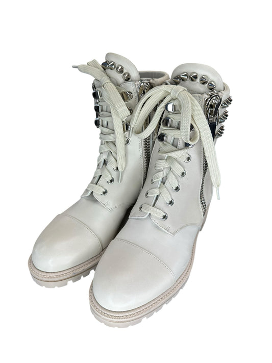 Christian Louboutin Cream Winter Spikes Flat Combat Boots Size 37.5