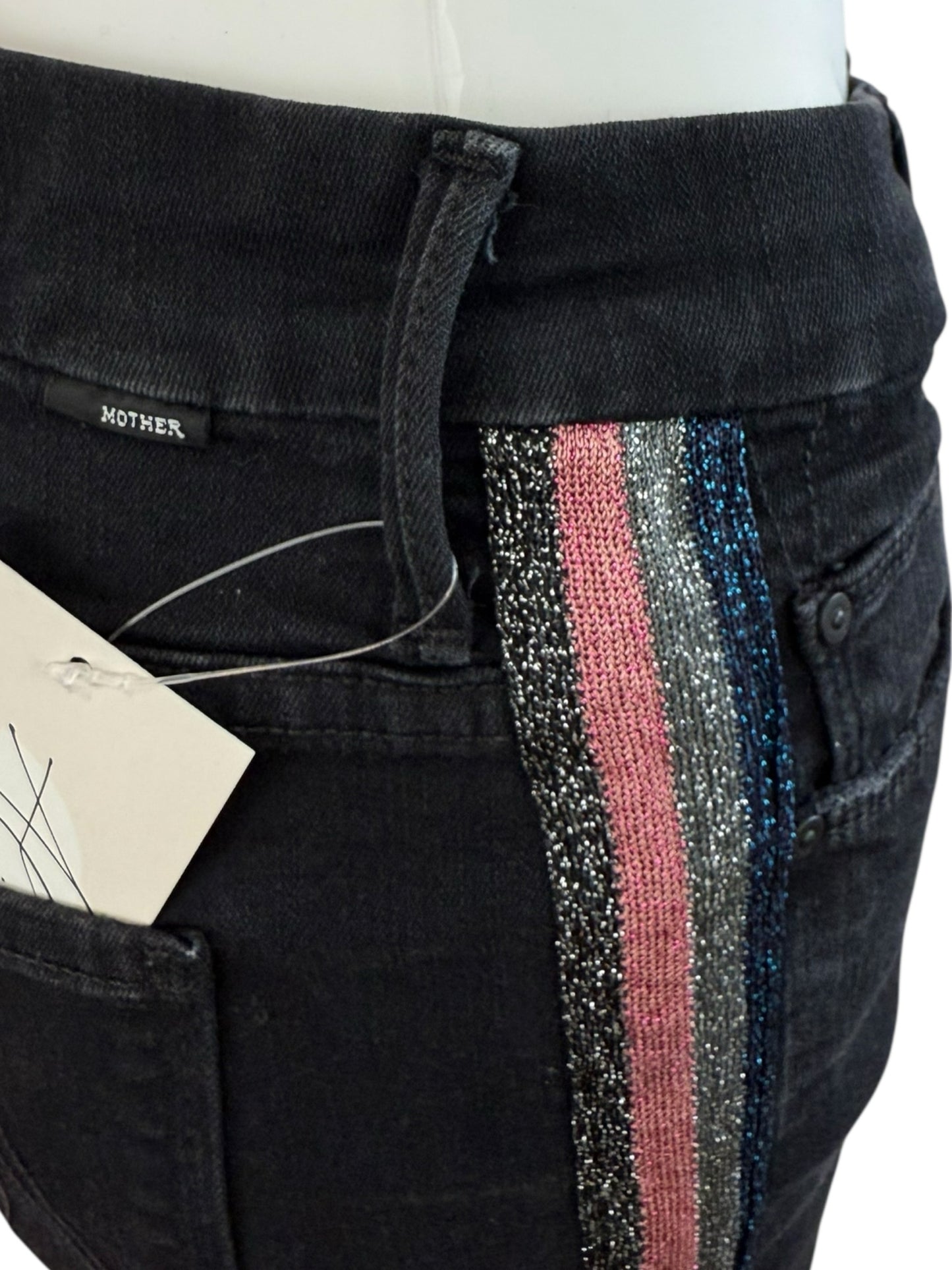 MOTHER Black High Waisted Looker Ankle Fray "Guilty Glitter Racer" Jeans Size 29