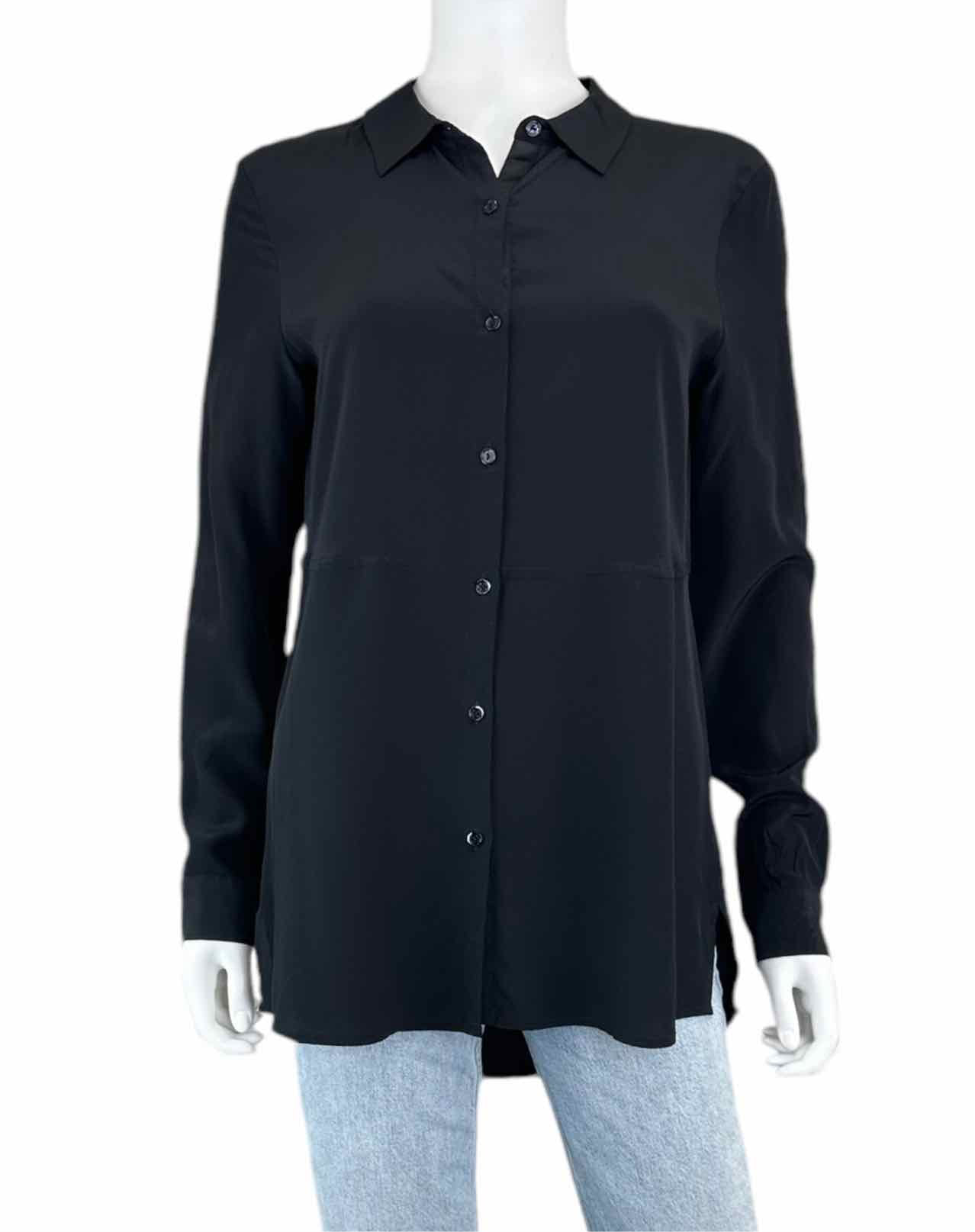 ecru 100% Silk Black Button-Down Shirt Size S