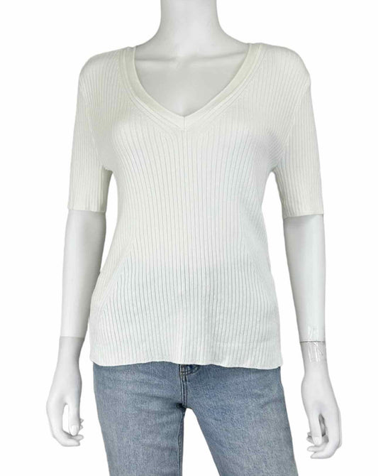 ecru White Ribbed TRAVELLING V-neck Top Size M