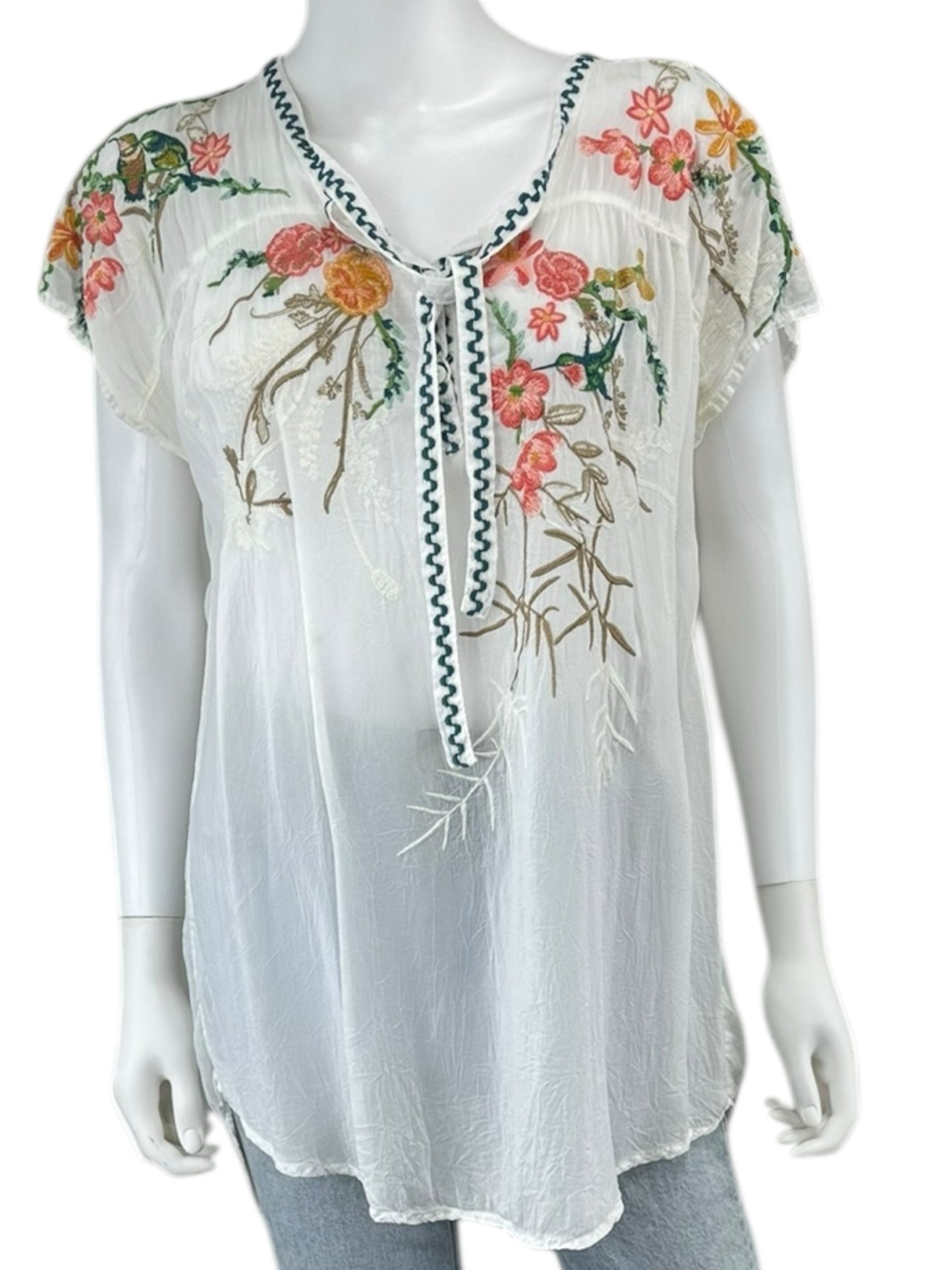 Johnny Was White Embroidered Tunic Top Size S