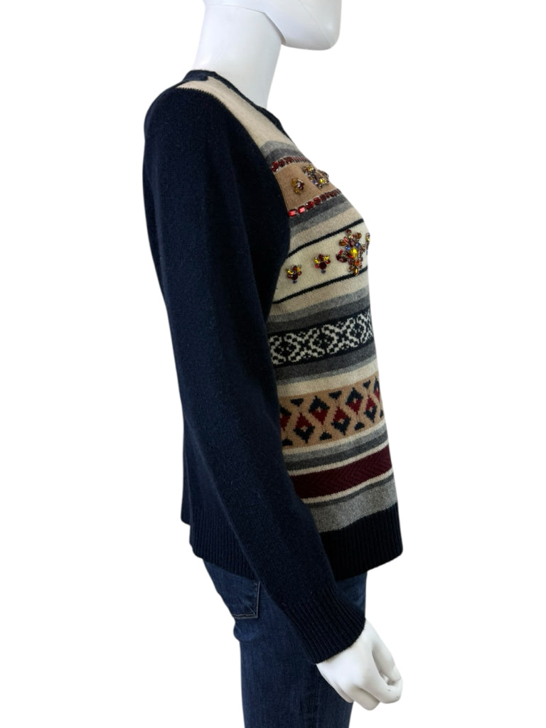 J. Crew Navy Jeweled Fair Isle Wool Sweater Size L