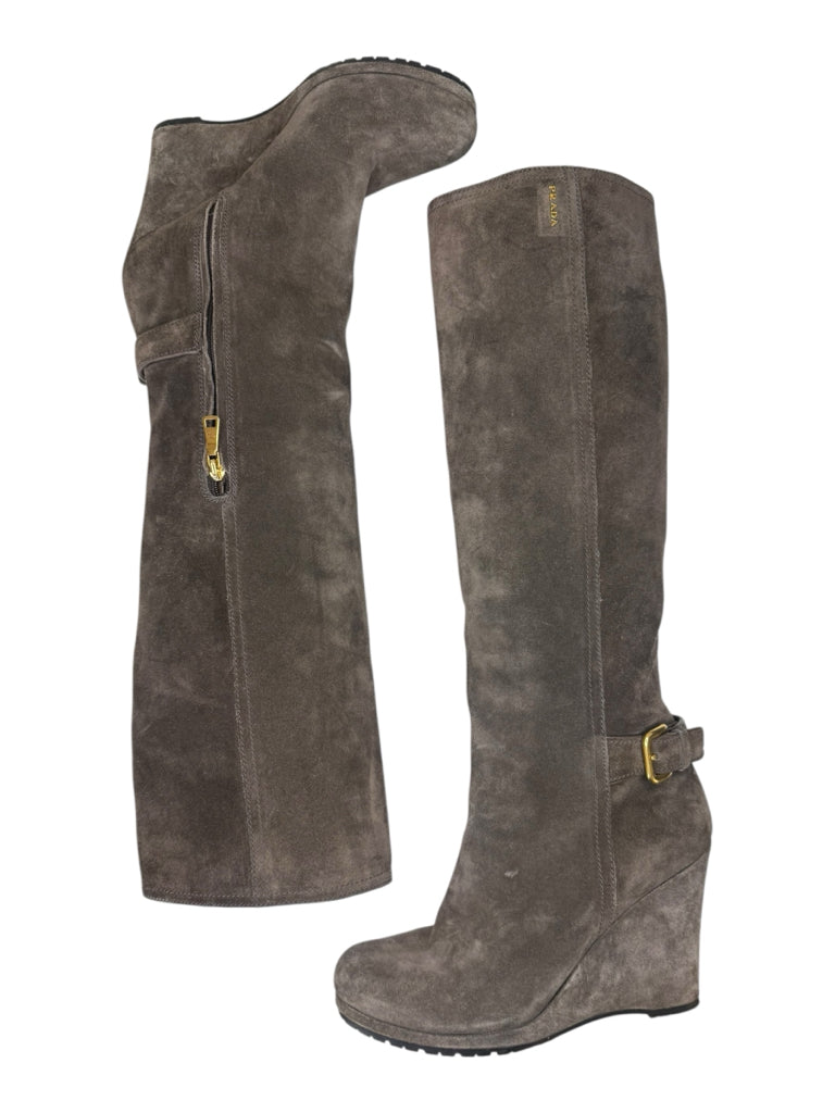 PRADA Brown Suede Wedge Knee Boots Size 7