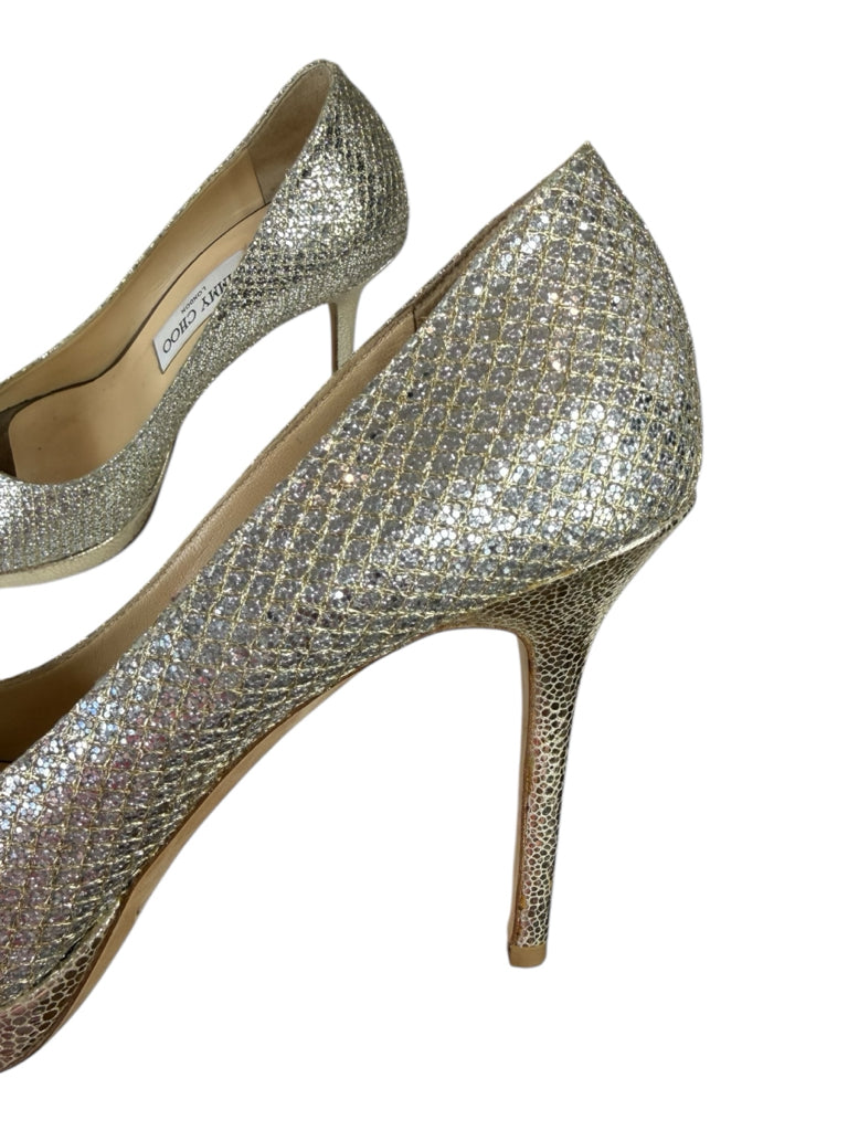 JIMMY CHOO Silver Luna 100 Champagne Glitter Platform Pumps Size 38