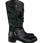 Valentino Black Studded Floral Appliqué Biker Boots Size 38