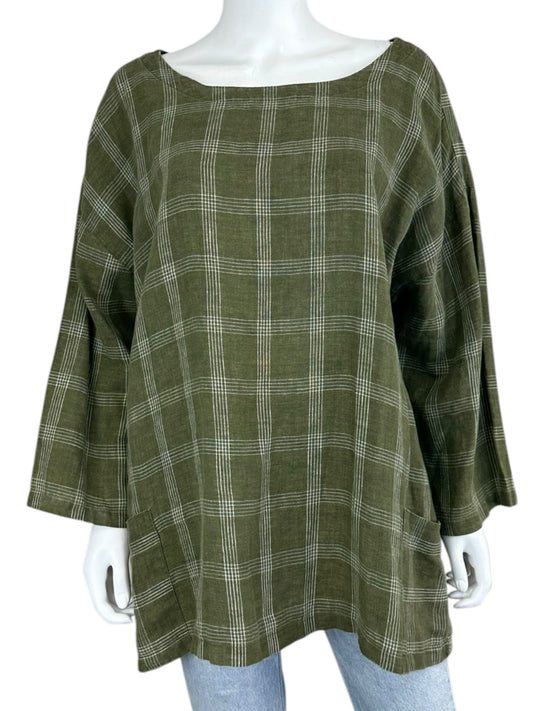 EILEEN FISHER 100% Organic Linen Green Plaid Blouse Size XL