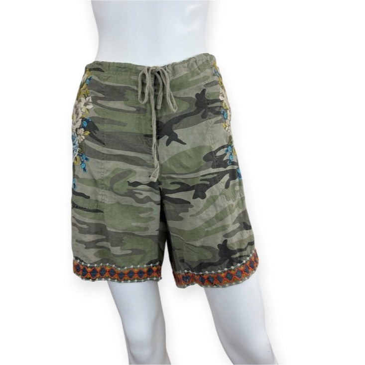 Johnny Was JWLA Green Linen Saguaro Camo Embroidered Shorts Size L