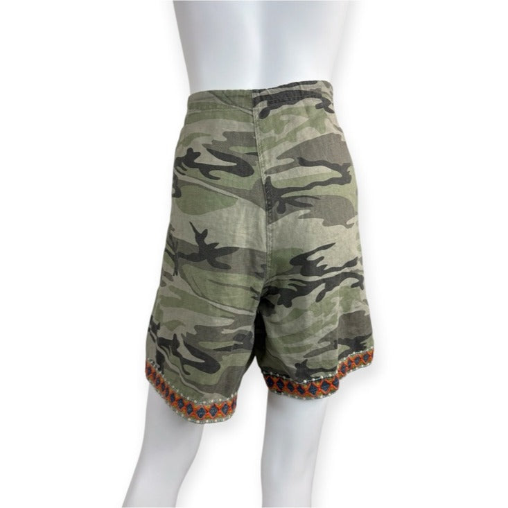 Johnny Was JWLA Green Linen Saguaro Camo Embroidered Shorts Size L