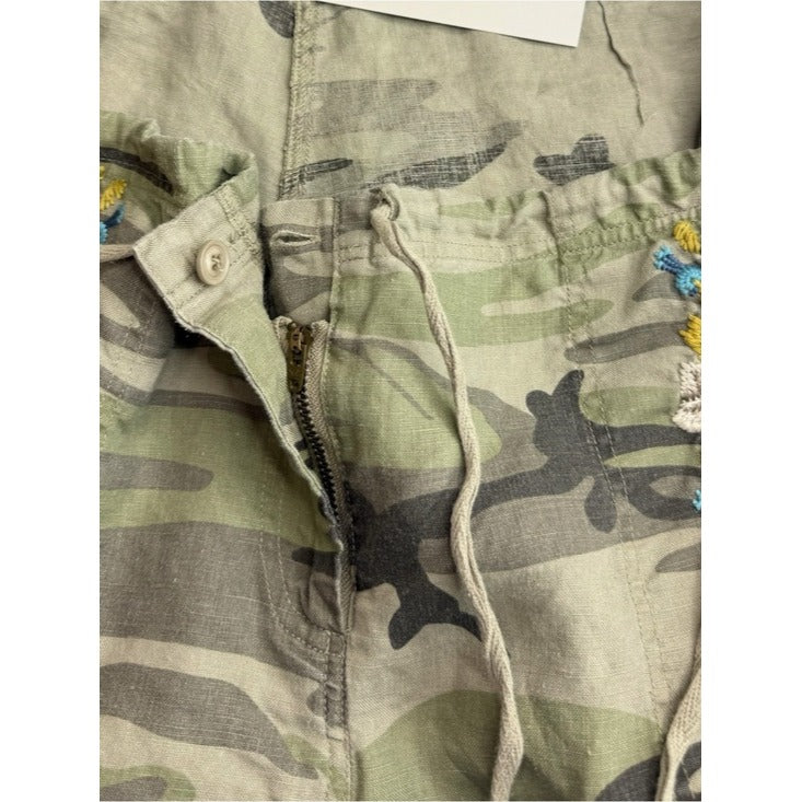 Johnny Was JWLA Green Linen Saguaro Camo Embroidered Shorts Size L