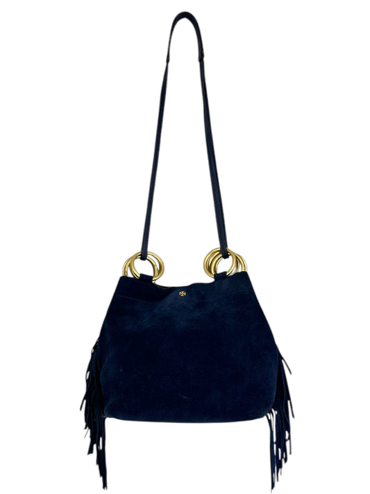 Tory Burch Navy Blue Suede Tassel Designer Handbag