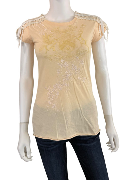 Johnny Was Peach 100% Cotto Embroidered Knit Top Size S