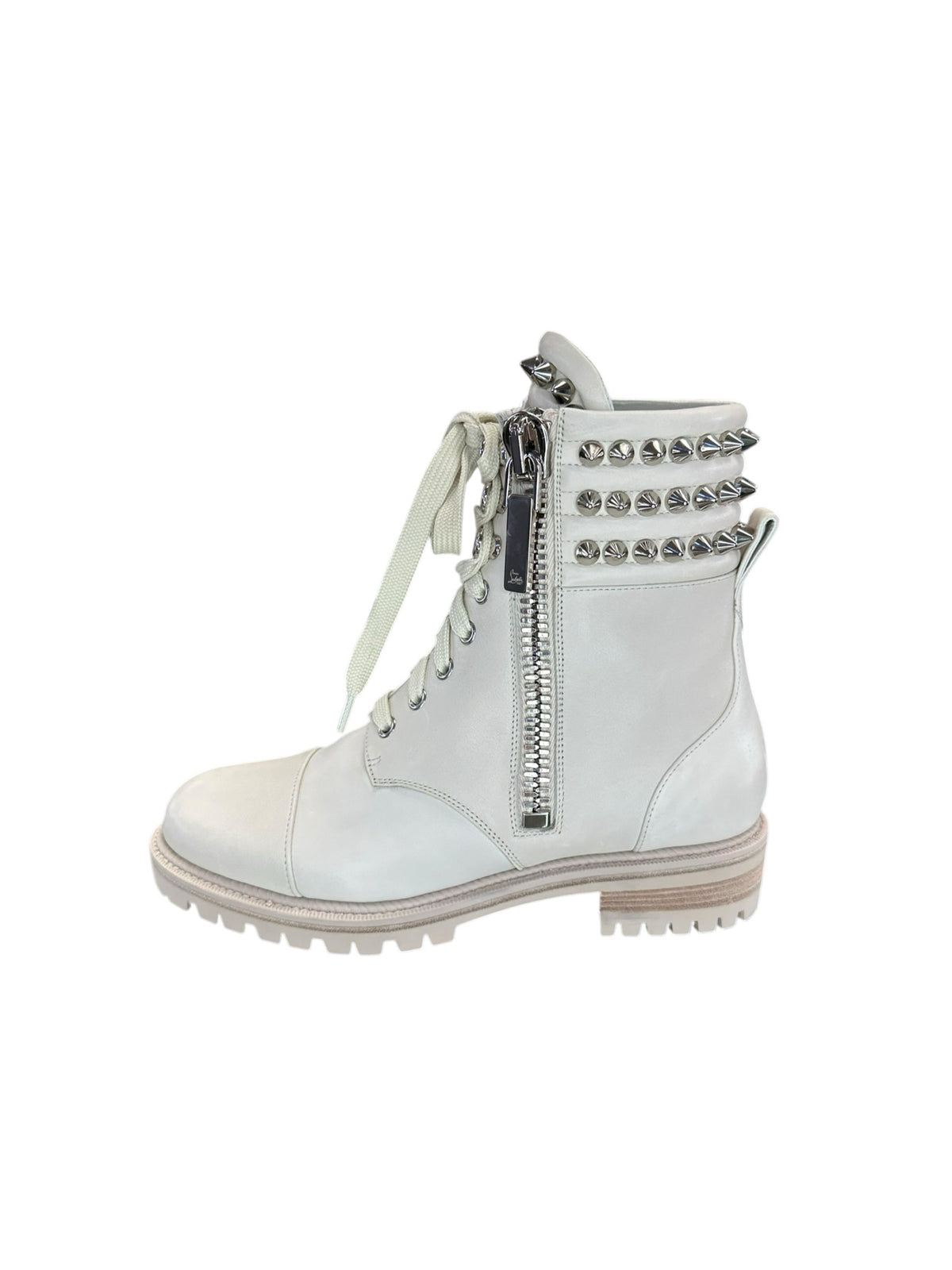 Christian Louboutin Cream Winter Spikes Flat Combat Boots Size 37.5