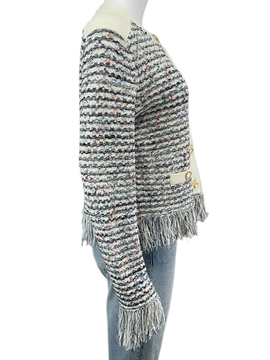 MILLY Tweed Fringe Trim Sweater Cardigan Jacket Size L