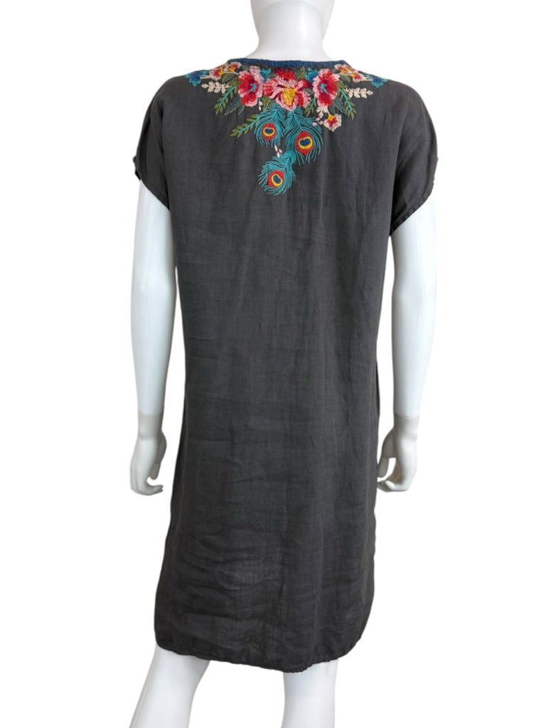 Johnny Was Charcoal 100% Linen Embroidered Dress Size M