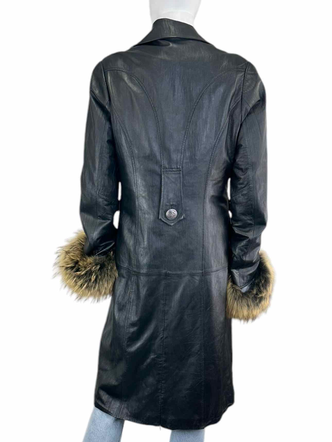 Leishida Black Leather Fox Trim Coat Size M