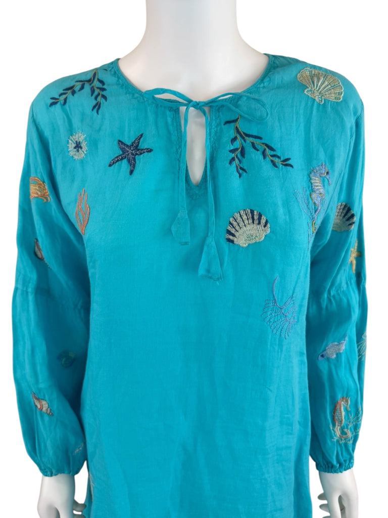 Johnny Was Aqua Embroidered Ocean Life Tunic Dress Size S
