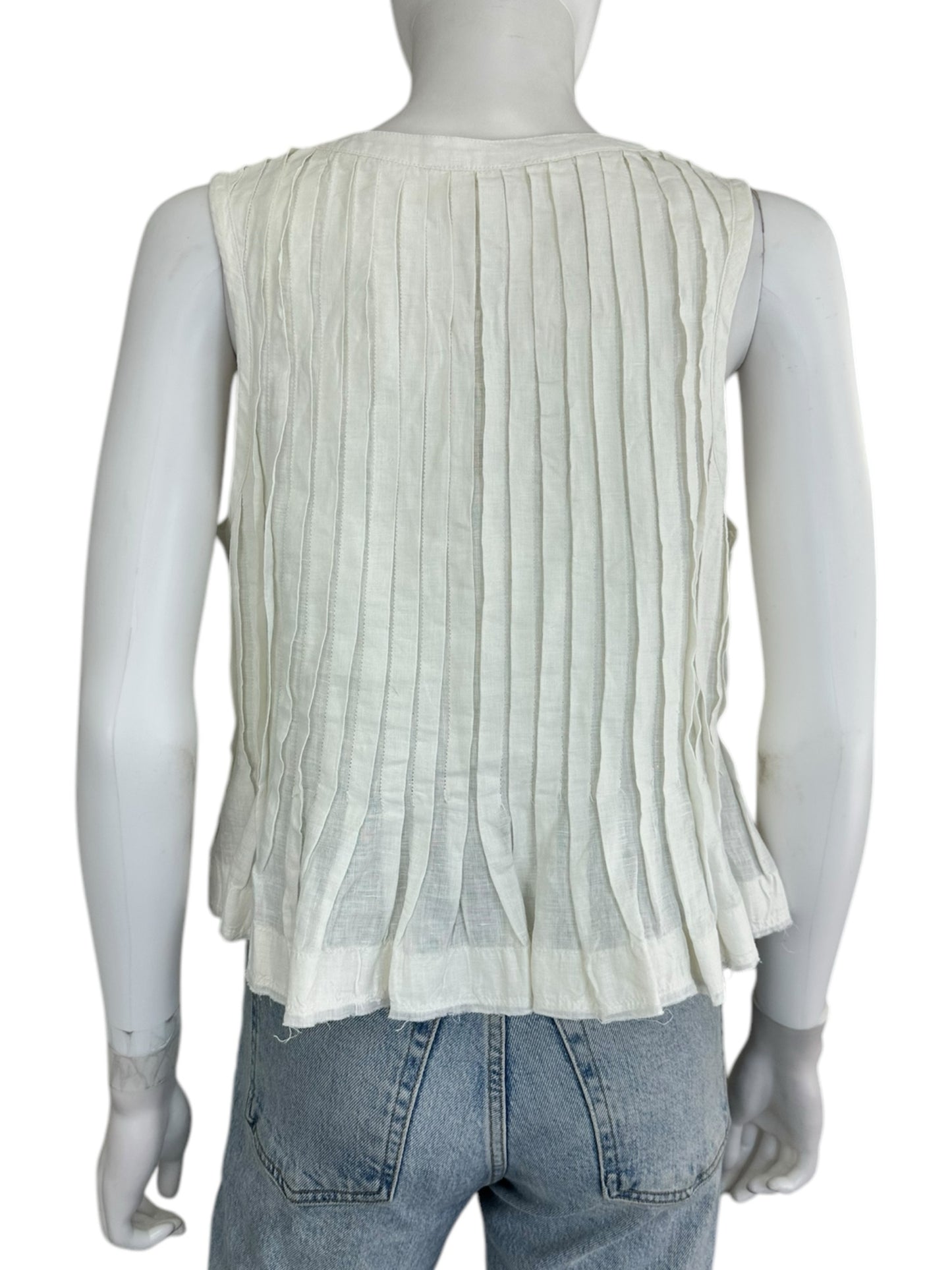 anthropologie 100% Linen White Pleated Blouse Size M