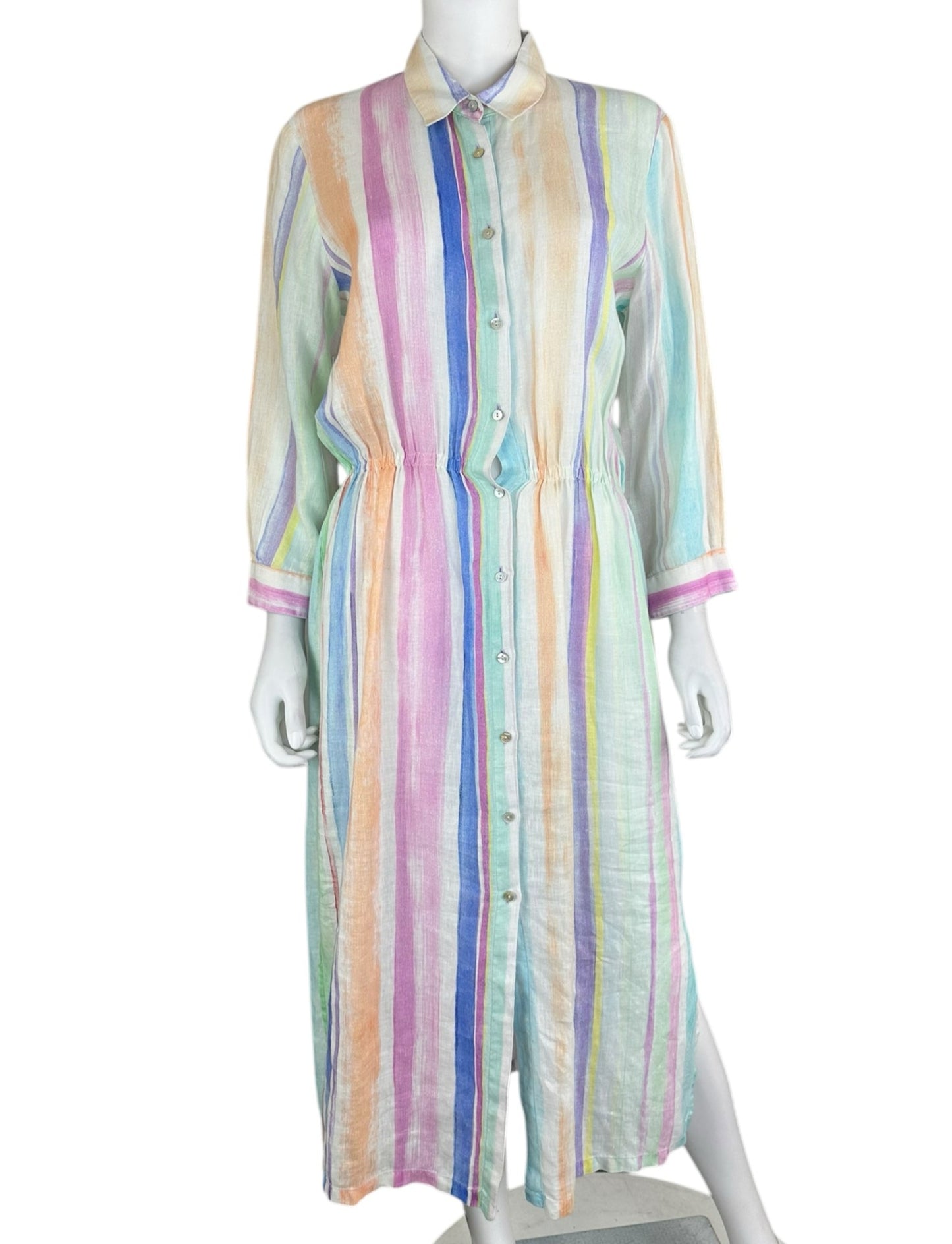 120% Lino 100% Linen Pastel Stripe Button-Down Dress Size 44