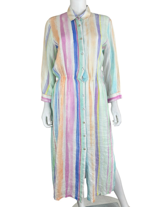 120% Lino 100% Linen Pastel Stripe Button-Down Dress Size 44