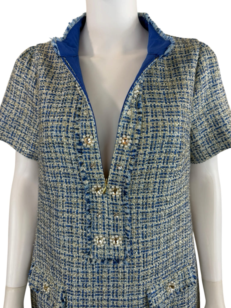 Lilly Pulitzer NWT Blue Teddy Metallic Tweed Shift Dress Size 4