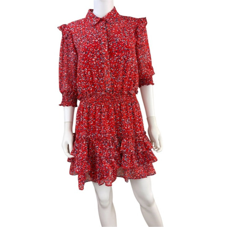 The Shirt by Rochelle Behrens Red Ruffled Tiered Mini Dress Size L