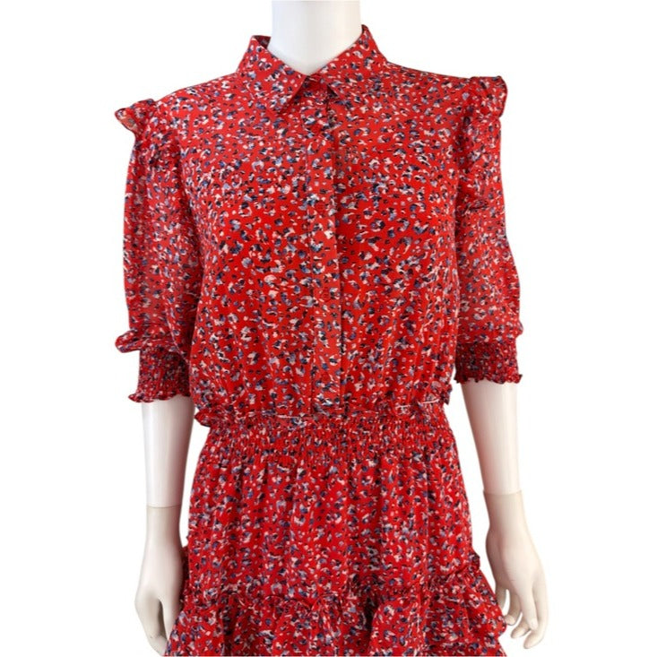 The Shirt by Rochelle Behrens Red Ruffled Tiered Mini Dress Size L