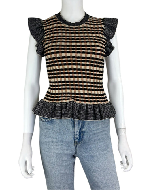 ULLA JOHNSON Brown Plaid Sweater Top Size S