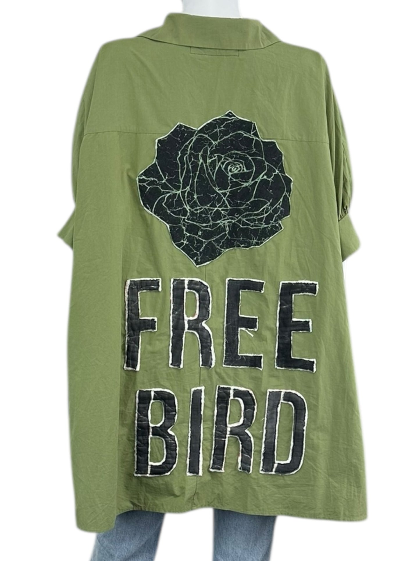 Custom Green Graphic Embellished Button-Down Shirt Size S