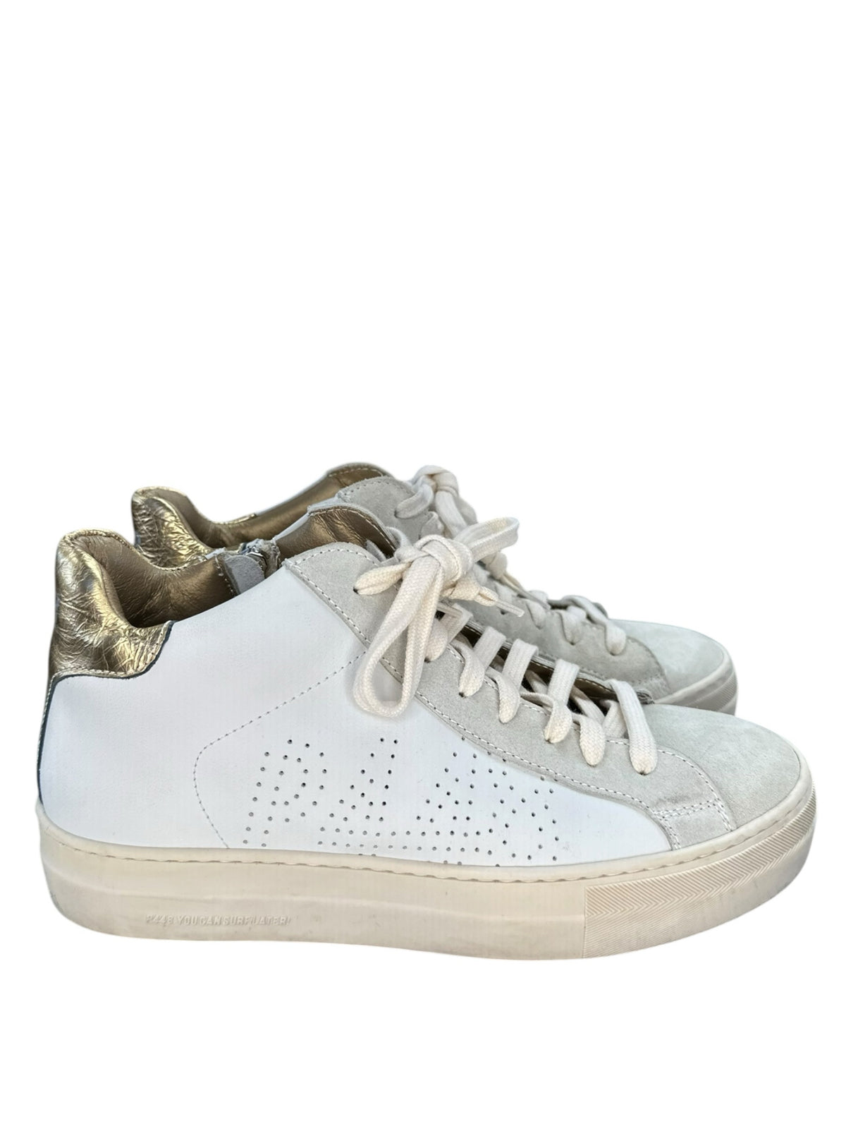 P448 Thea Mid Millenium Platform Sneakers in White, Gold & Suede Size 39