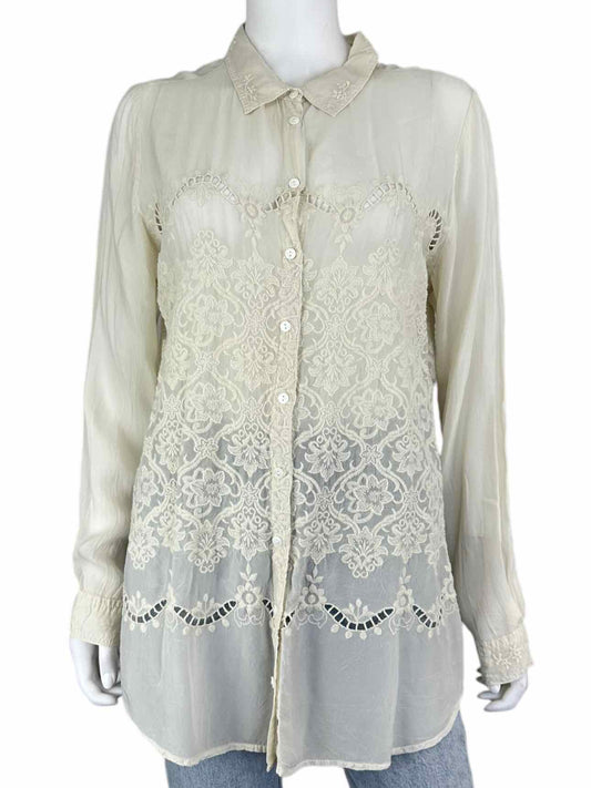 Johnny Was Cream Embroidered Button-Down Size M