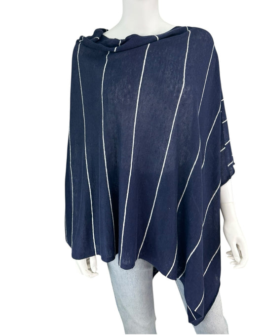 EILEEN FISHER Navy Striped Linen Poncho Size O/S