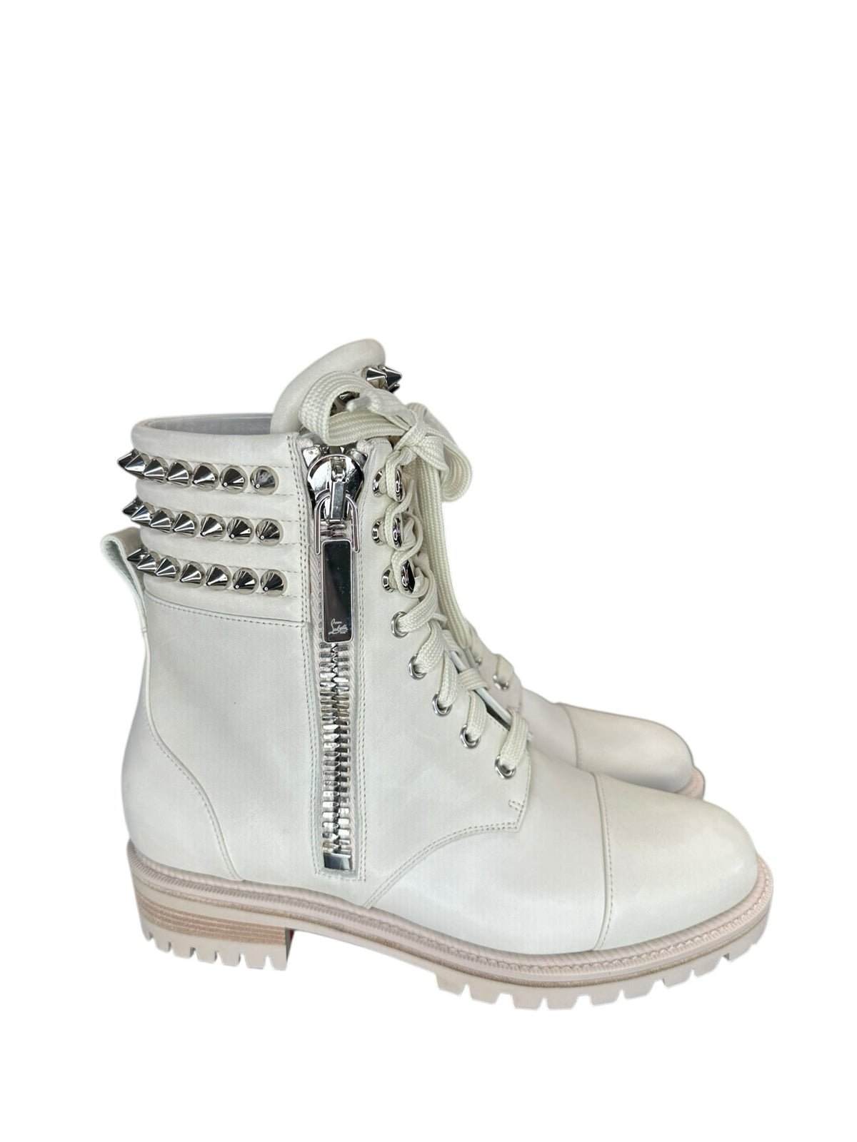 Christian Louboutin Cream Winter Spikes Flat Combat Boots Size 37.5